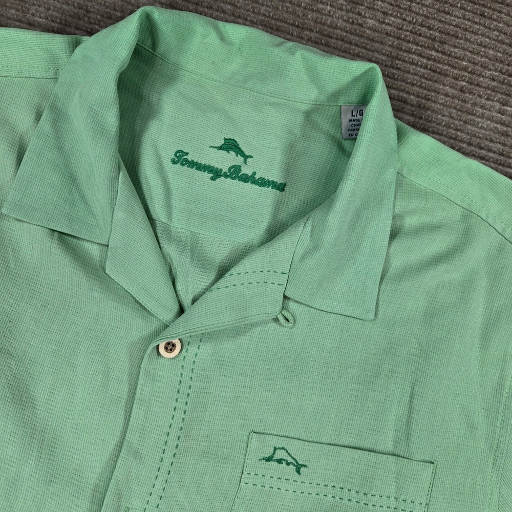 Tommy Bahama Mens Large Green IslandZone Textured Embroidered Camp Shirt